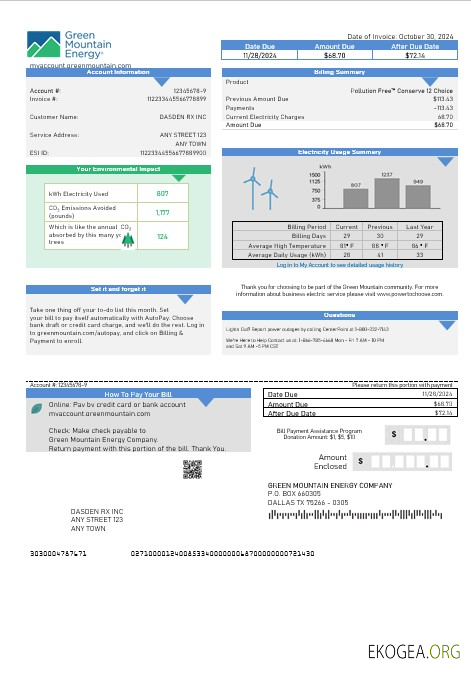 Modèle de facture de services publics de USA Green Mountain Energy aux formats Word et PDF